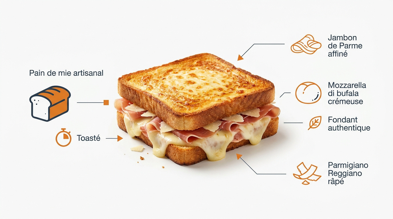 Ingrédients frais pour croque italien avec jambon de Parme et mozzarella