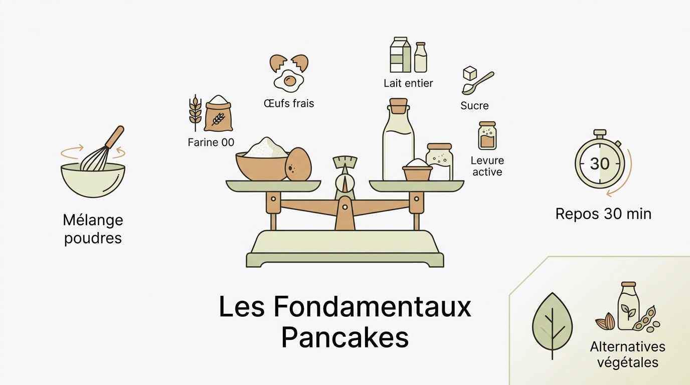 Infographie des ingrédients fondamentaux pour réussir des pancakes moelleux