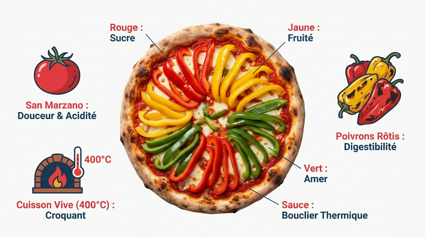 Infographie sur les saveurs et la cuisson de la pizza aux poivrons