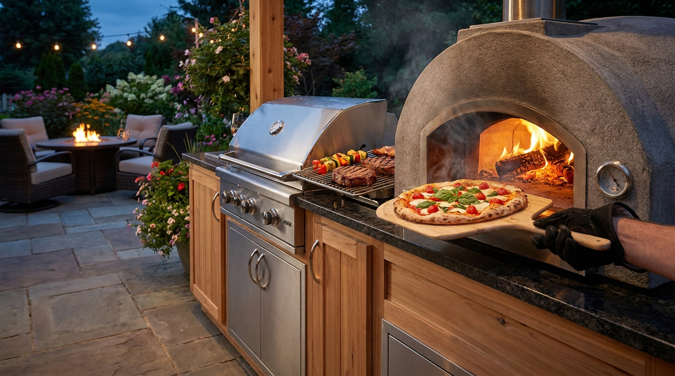 Une main gantée enfourne une pizza dans un four à bois, à côté d'un barbecue en inox dans une cuisine de jardin.