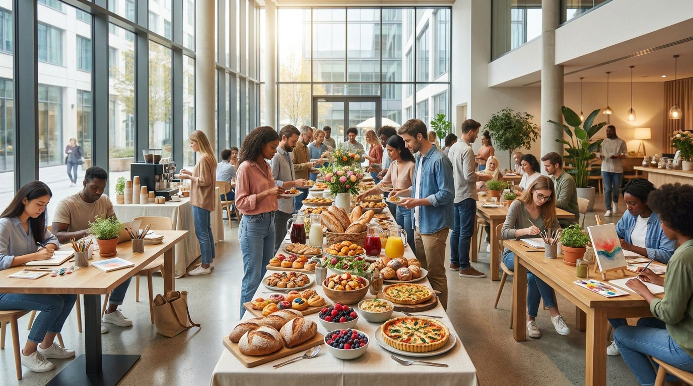 Un espace lumineux avec un grand buffet de brunch et des personnes participant à des ateliers de peinture.