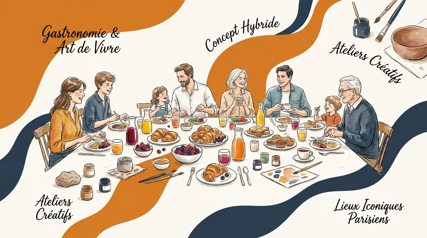 Famille profitant d'un brunch convivial avec ateliers créatifs pour enfants