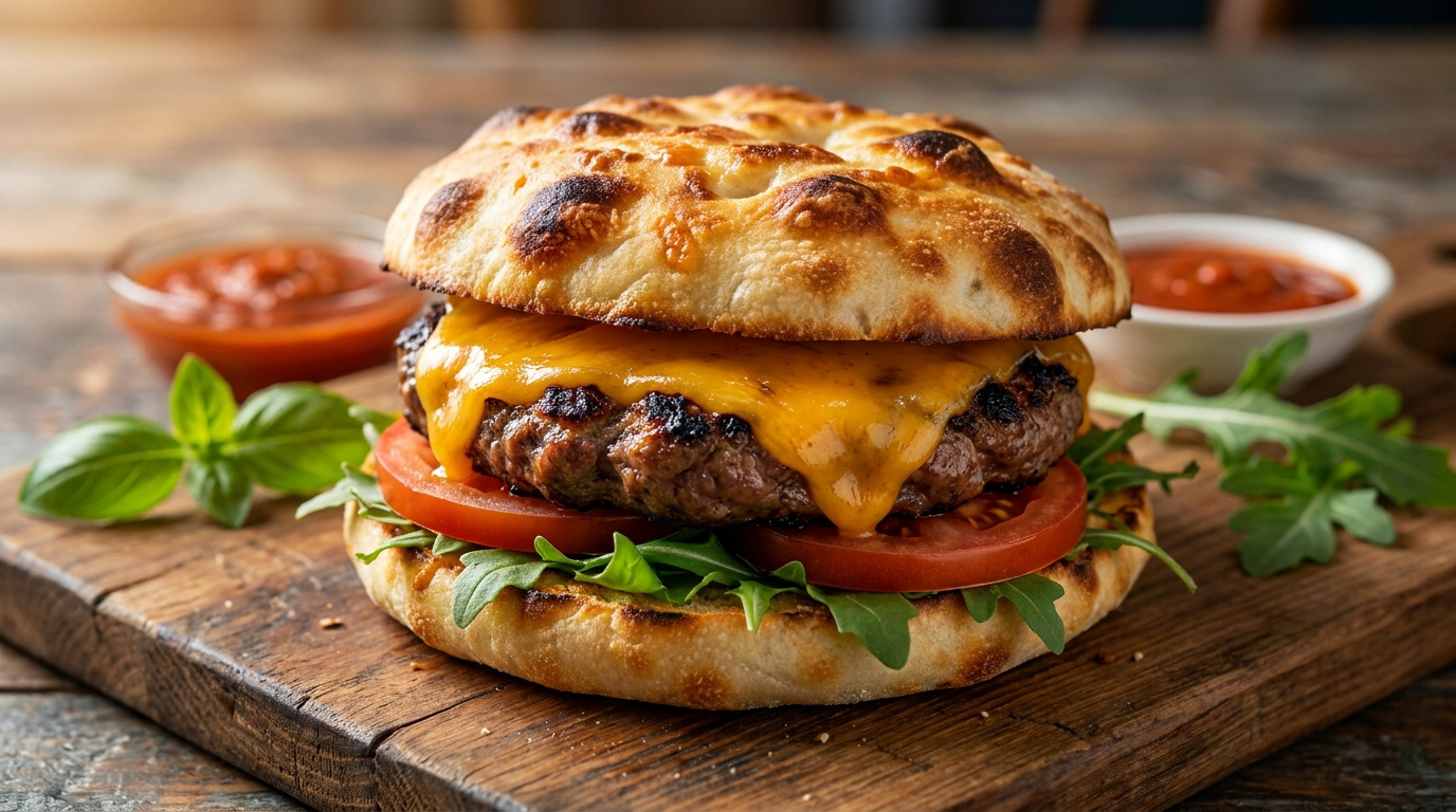 Un burger appétissant avec un pain façon focaccia, du steak haché, du fromage fondu, de la tomate et de la roquette.