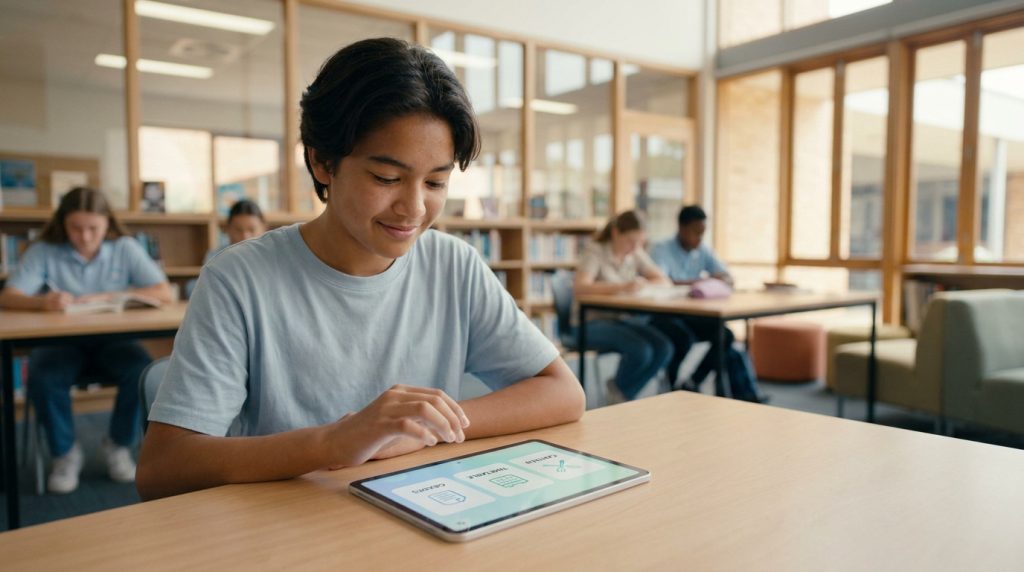 Un jeune collégien utilise une tablette numérique avec des icônes de portail scolaire dans une bibliothèque.