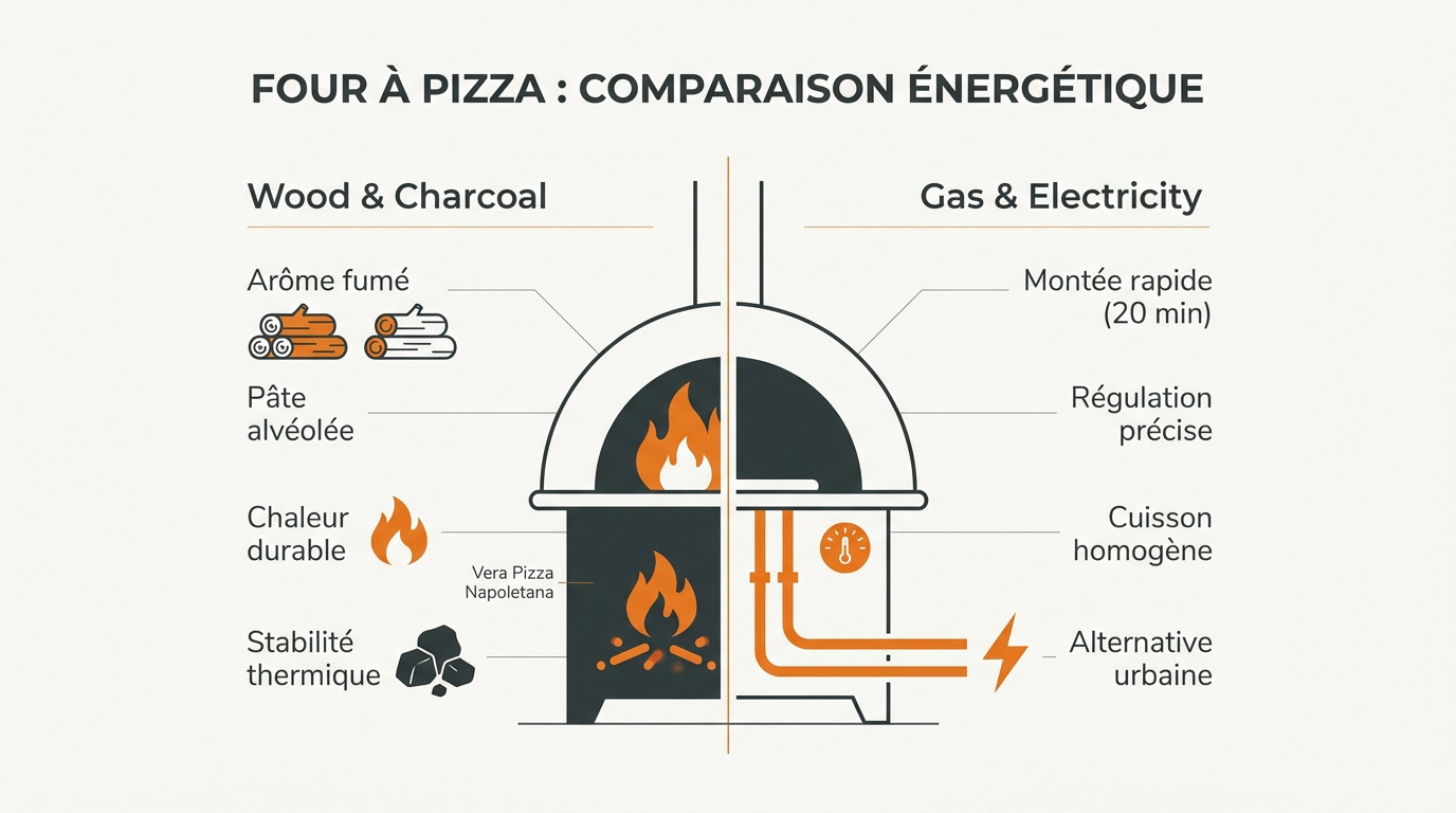 Comparaison des performances de cuisson entre bois, gaz et charbon pour pizza
