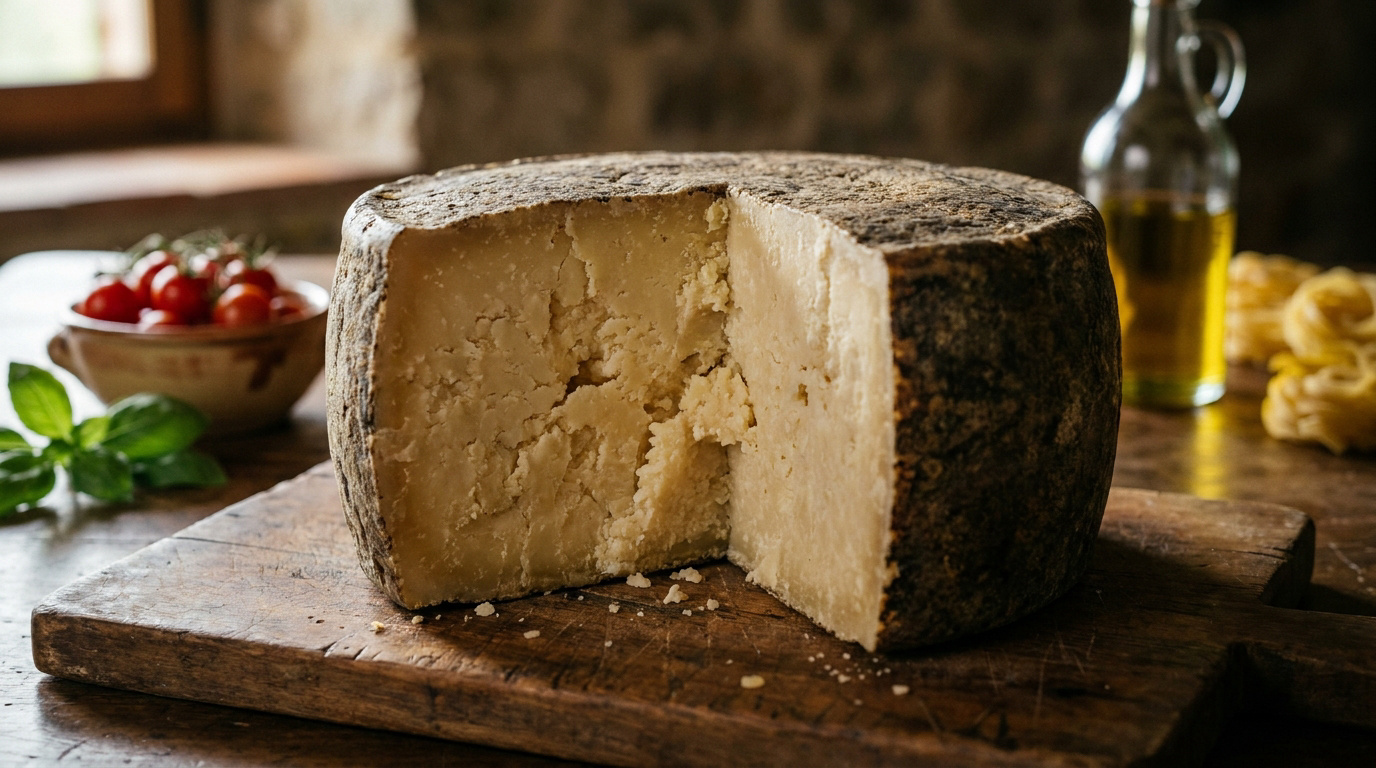 Une meule de fromage pecorino entamée sur une planche en bois, avec des tomates cerises et de l'huile d'olive en fond.