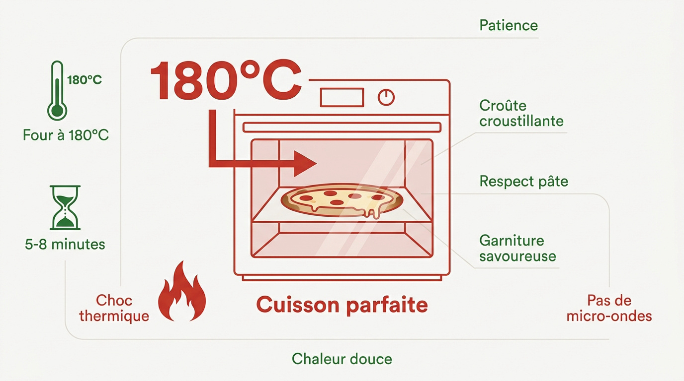 Guide visuel pour réchauffer une pizza au four avec une croûte dorée
