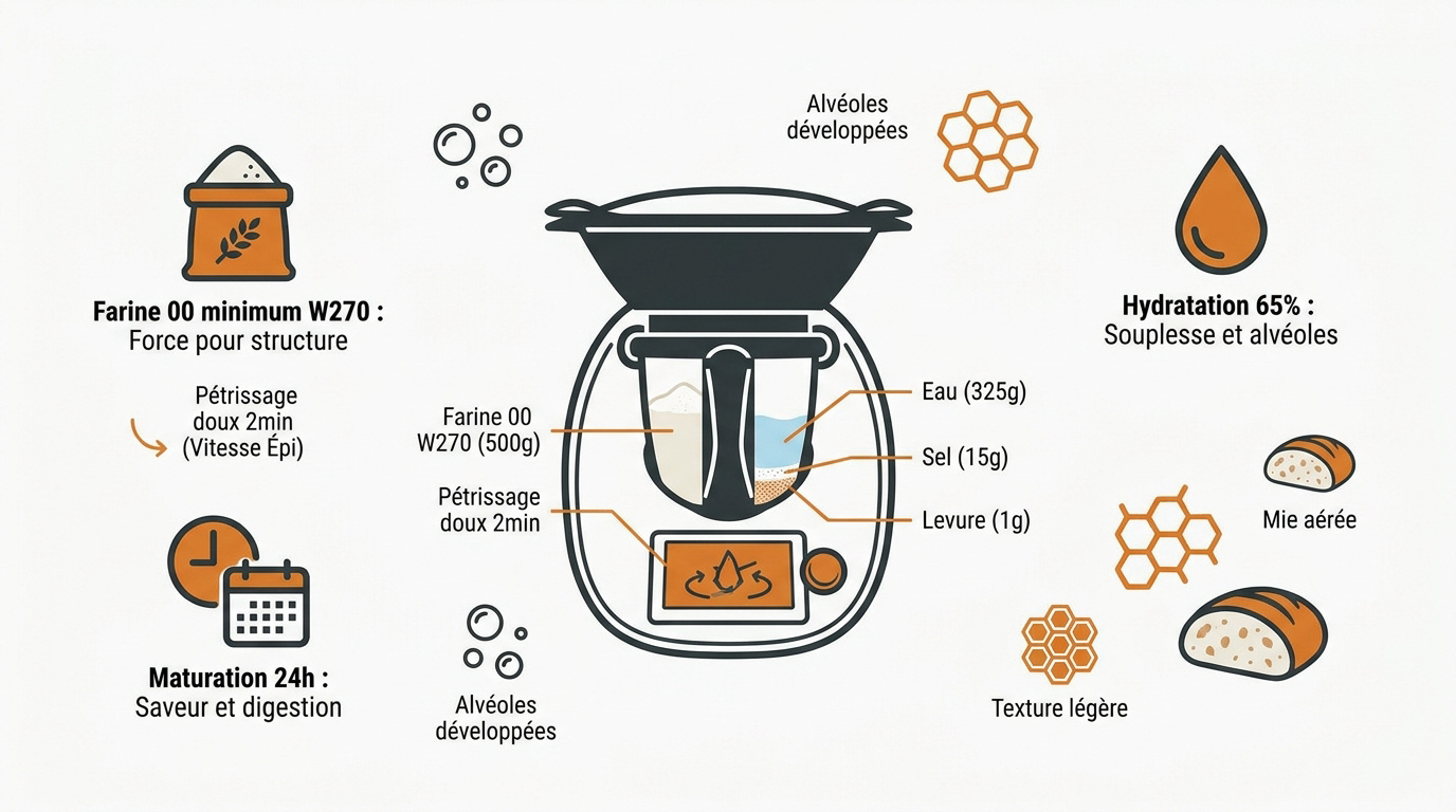 Infographie technique pour réussir sa pâte à pizza napolitaine avec un Thermomix