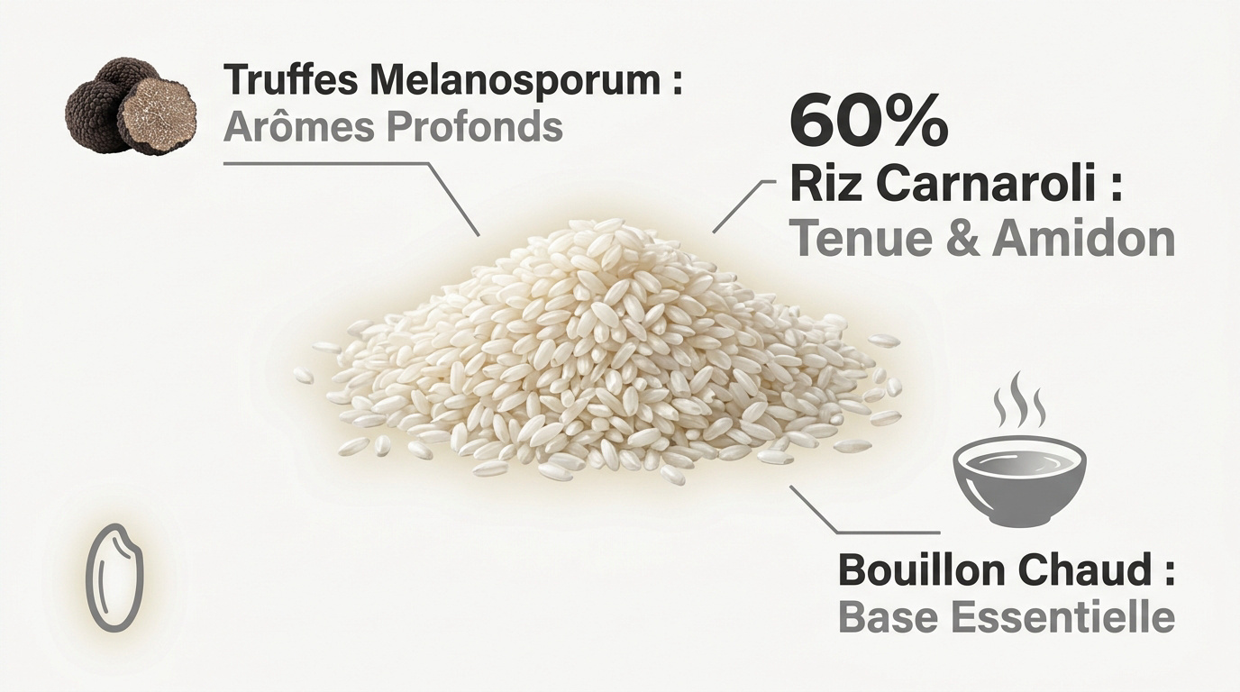 Ingrédients frais pour un risotto italien authentique avec truffe noire et riz carnaroli