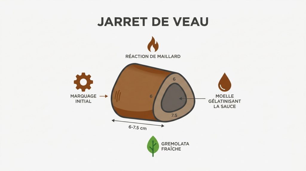 Illustration montrant les étapes de préparation d'une tranche de jarret de veau pour un osso bucco.