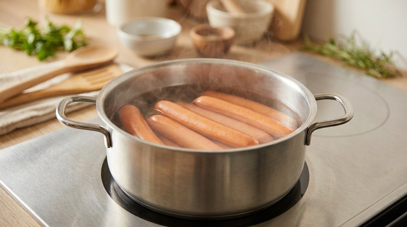 Saucisses de Strasbourg qui mijotent dans une casserole d'eau chaude sur une plaque de cuisson.