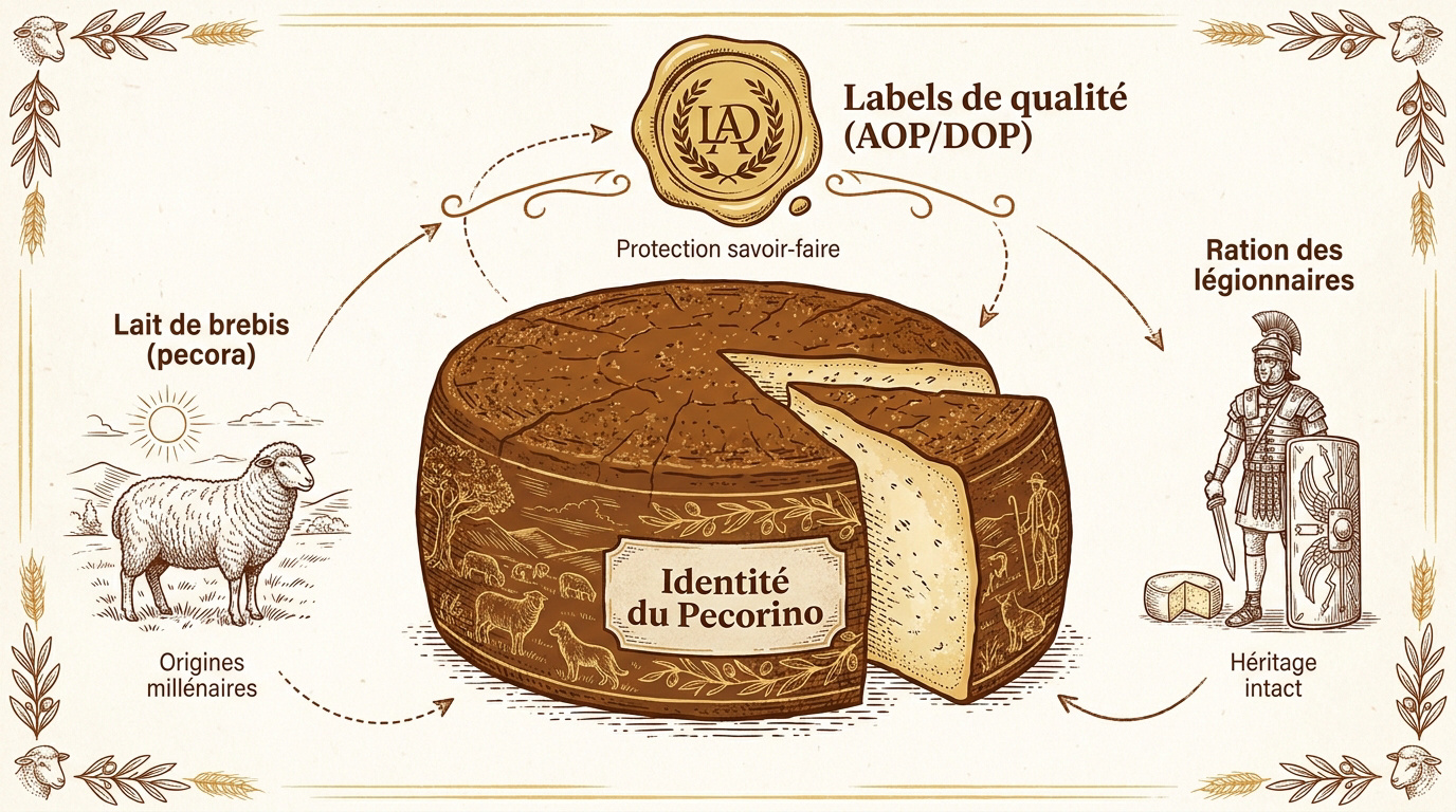 Meules de fromage pecorino affinées illustrant l'héritage et la qualité AOP