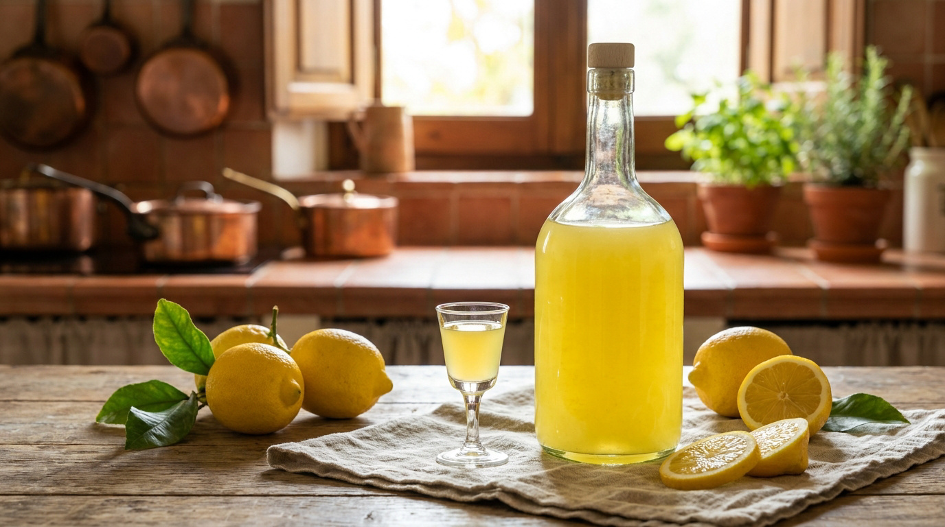 Une bouteille de Limoncello et un verre à shot sur une table en bois entourés de citrons frais dans une cuisine rustique.