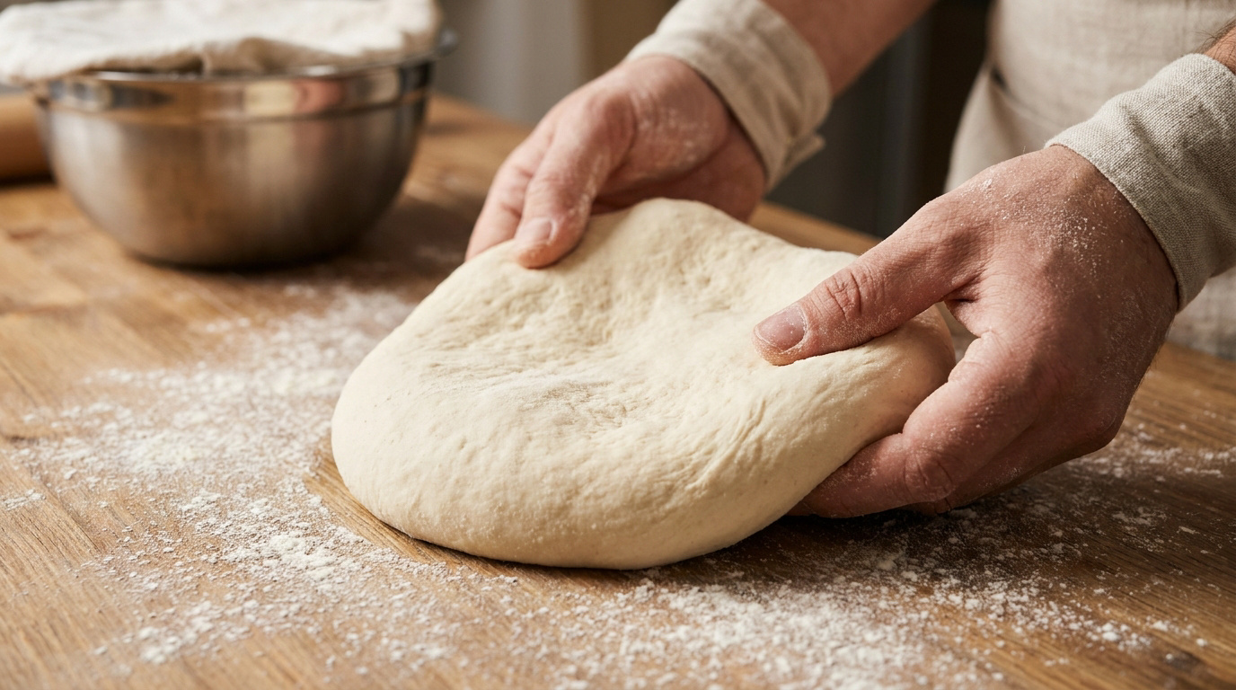 Mains d'un chef pétrissant une boule de pâte à pizza fraîche sur une table en bois farinée.