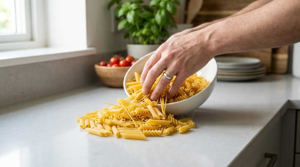 Mains d'homme renversant un bol de pâtes sèches en vrac sur un comptoir de cuisine.