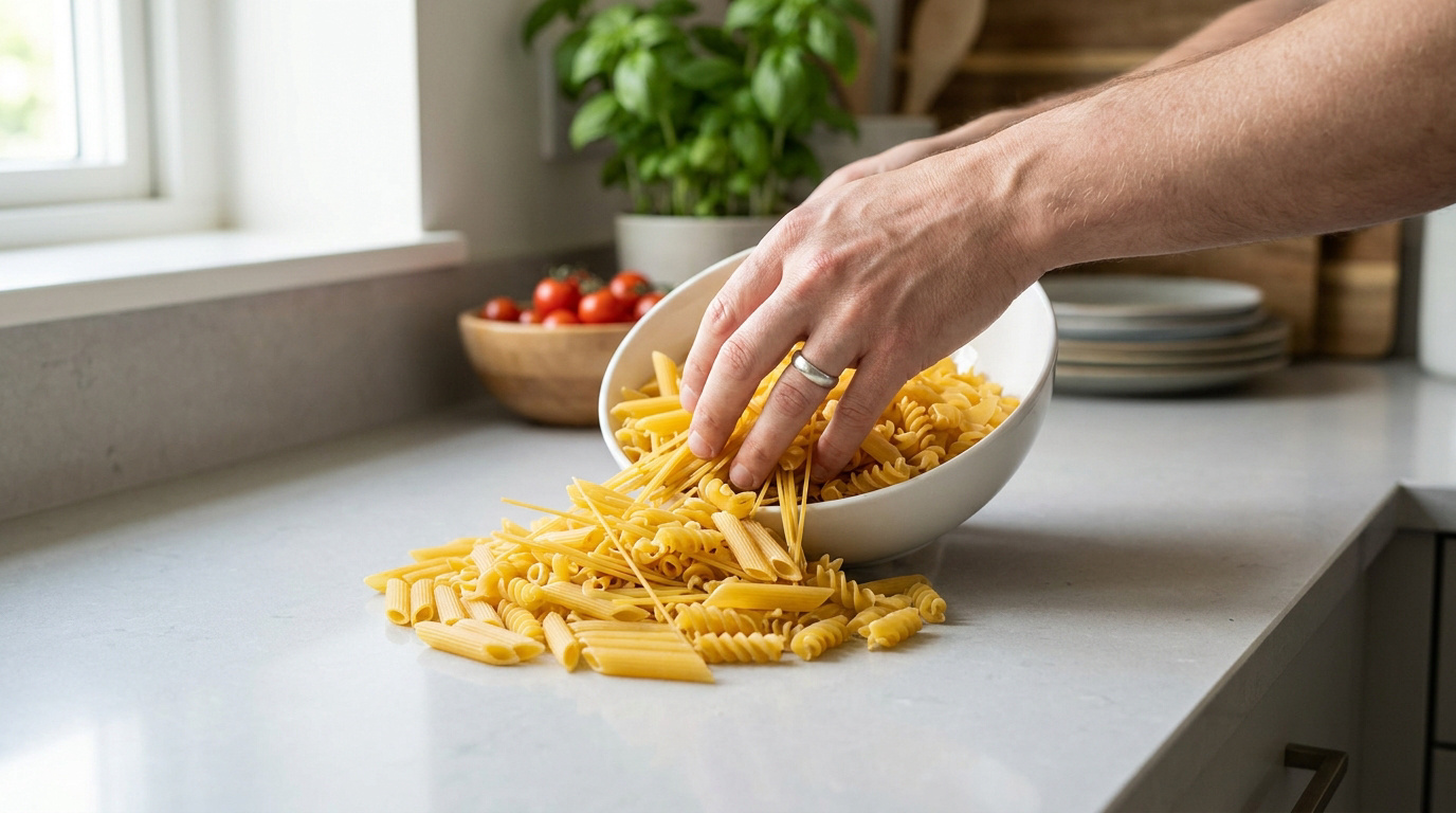 Mains d'homme renversant un bol de pâtes sèches en vrac sur un comptoir de cuisine.