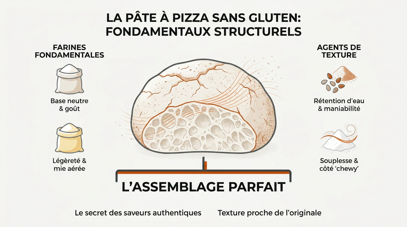 Farines de riz et de maïs pour pâte à pizza sans gluten sur un plan de travail