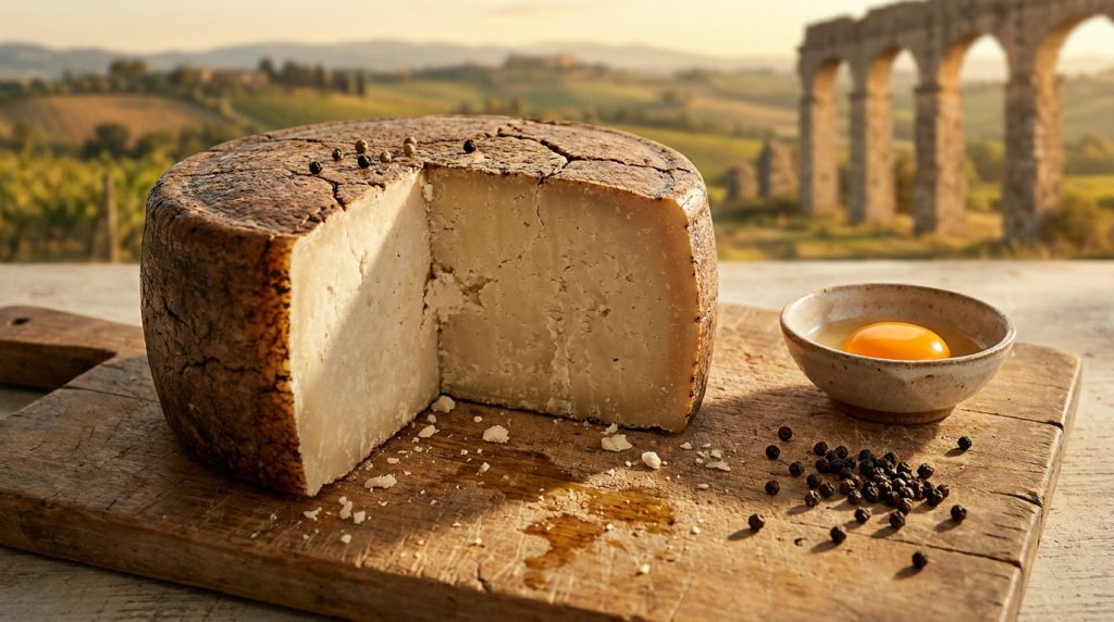Une meule de Pecorino Romano entamée sur une planche en bois avec un œuf et des grains de poivre, devant un aqueduc romain.