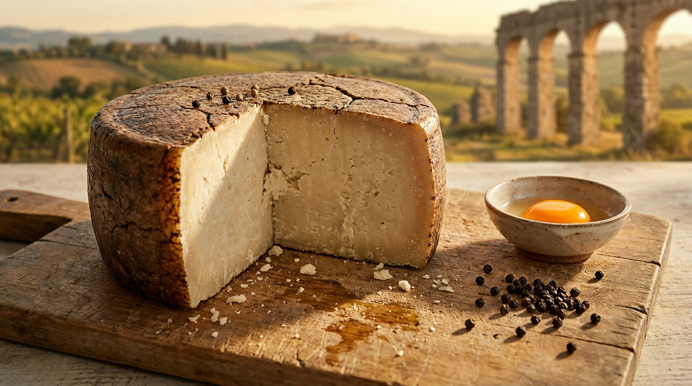 Une meule de Pecorino Romano entamée sur une planche en bois avec un œuf et des grains de poivre, devant un aqueduc romain.