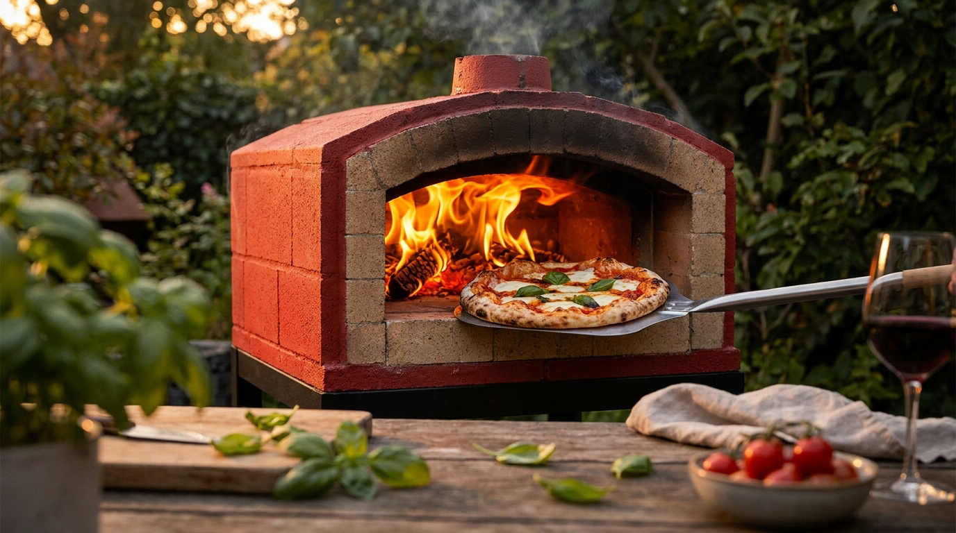 Une pizza margherita est enfournée dans un four à bois rouge en briques dans un jardin ensoleillé.
