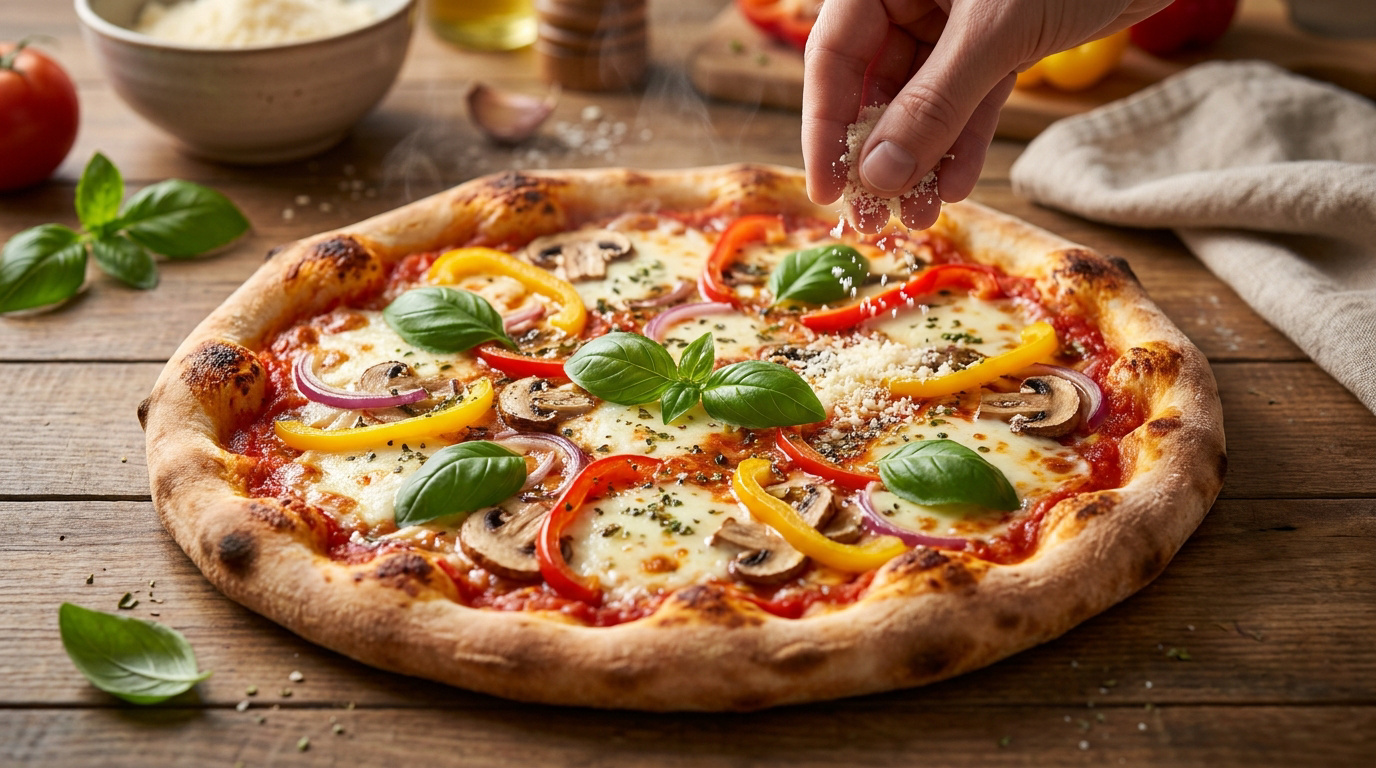 Une main saupoudre du fromage râpé sur une pizza maison fumante garnie de champignons, poivrons et basilic.