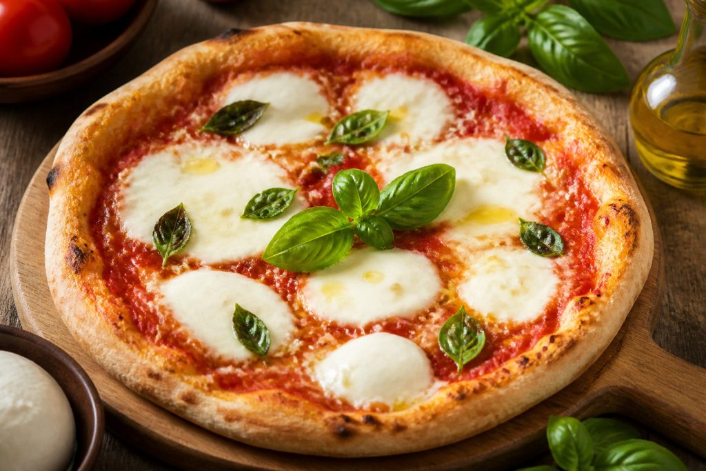 Une pizza Margherita sans gluten garnie de mozzarella fraîche et de basilic sur une planche en bois.