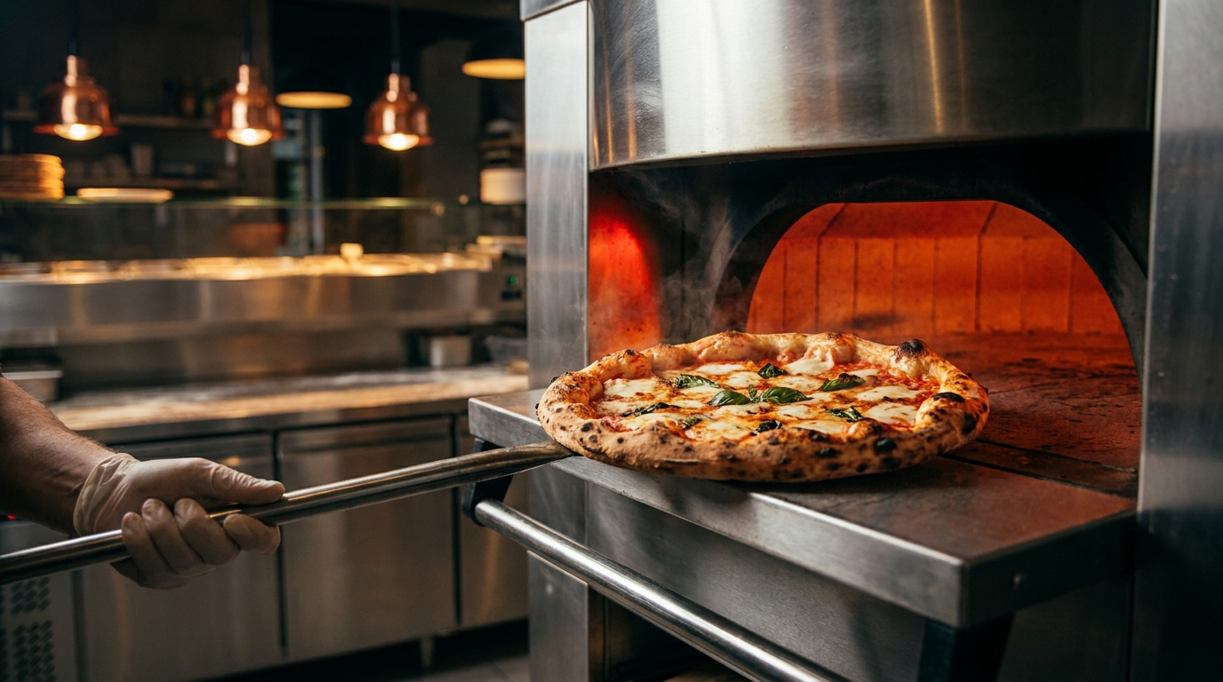 Un pizzaiolo utilise une pelle pour enfourner une pizza dans un four professionnel en acier inoxydable.