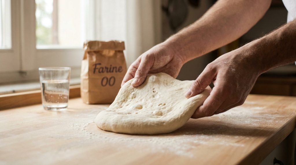 Mains d'un boulanger travaillant une boule de pâte à pizza sur un plan de travail avec un sac de farine 00.