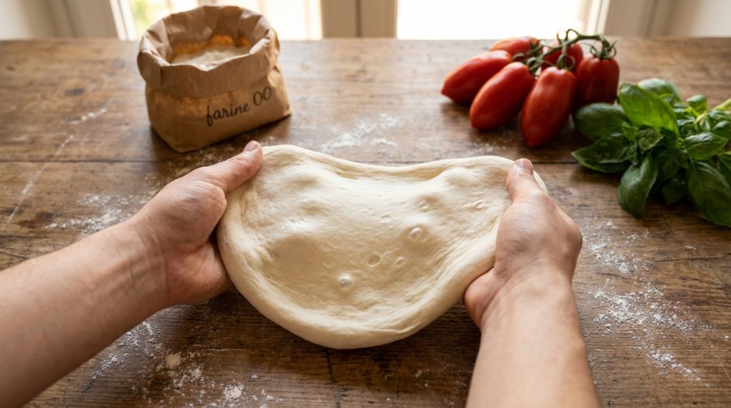 Mains étirant une boule de pâte à pizza sur une table avec farine, tomates et basilic frais en arrière-plan.