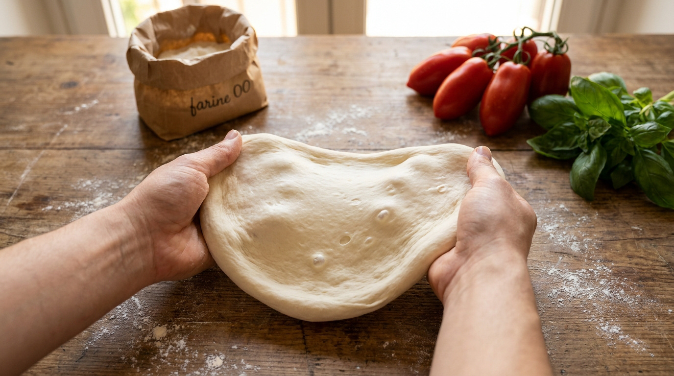 Mains étirant une boule de pâte à pizza sur une table avec farine, tomates et basilic frais en arrière-plan.