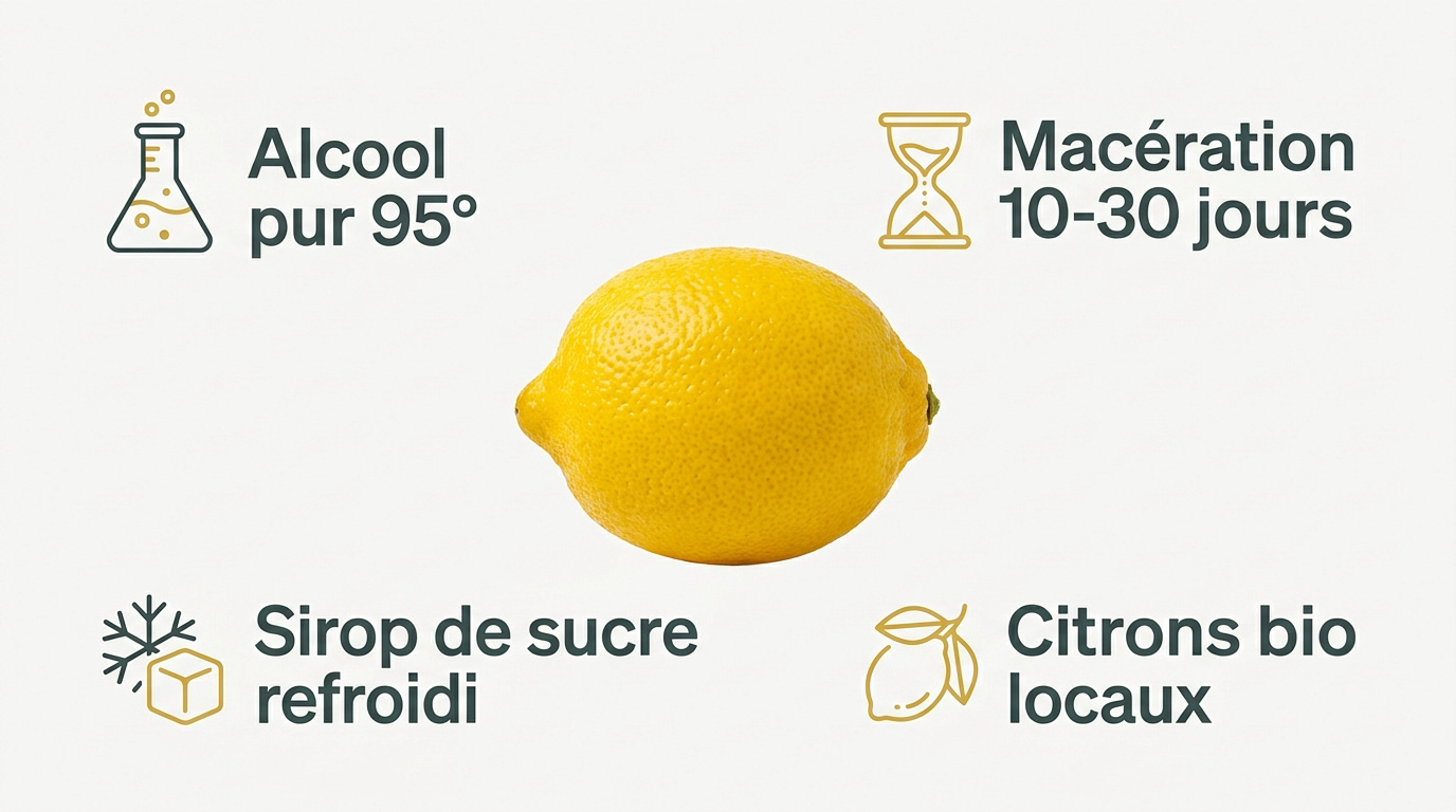 Zestes de citrons bio et alcool pur pour la préparation d'un limoncello maison traditionnel