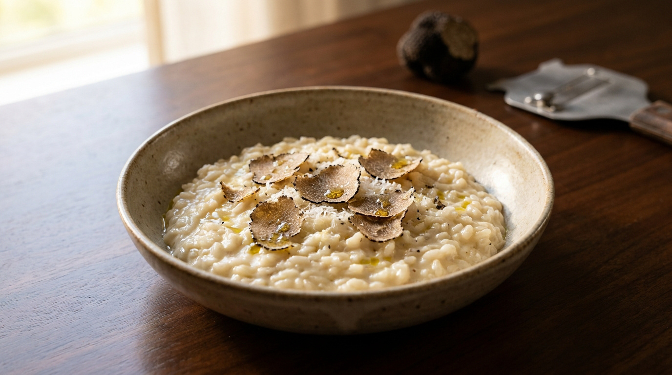 Une assiette de risotto crémeux garnie de fines lamelles de truffe noire sur une table en bois.