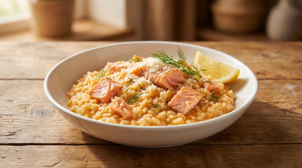 Assiette de risotto au saumon garnie d'aneth et d'un quartier de citron sur une table en bois.