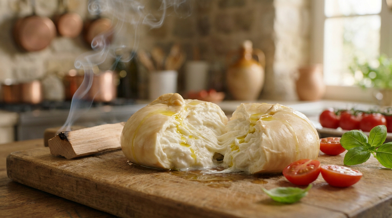 Une burrata fumée ouverte sur une planche en bois avec des tomates cerises et de la fumée s'élevant d'un morceau de bois.