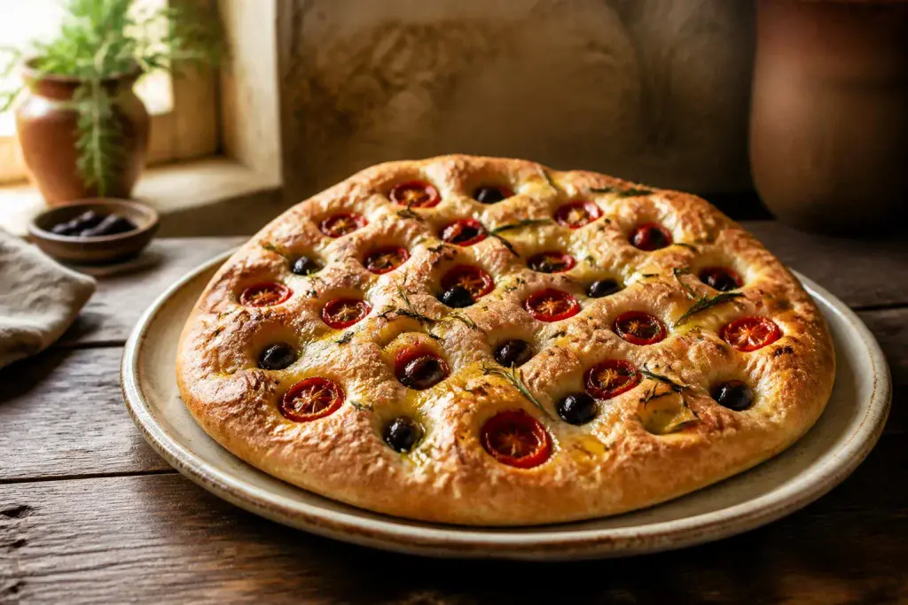 Focaccia barese authentique aux tomates et olives
