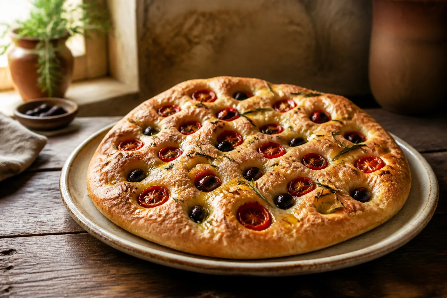 Focaccia barese authentique aux tomates et olives