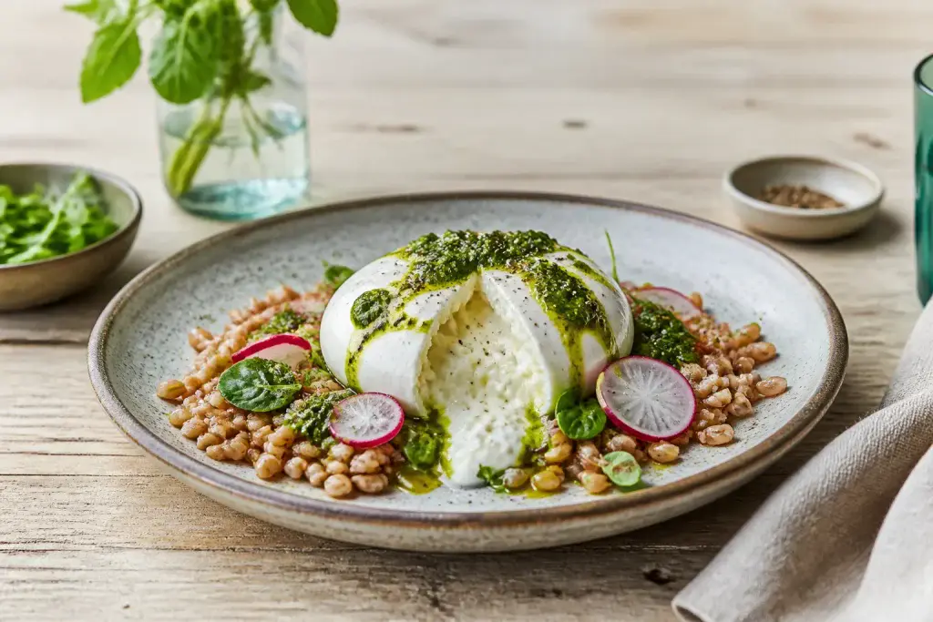 Burrata cremeuse au pesto et radis
