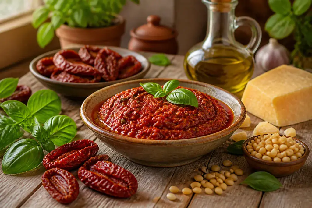 Pesto rosso fait maison et ses ingredients