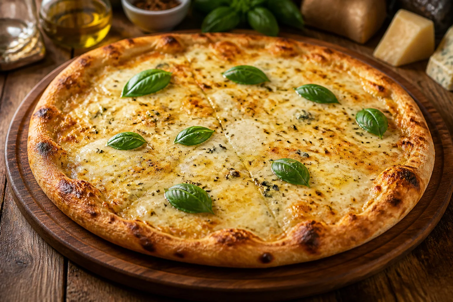 Pizza quatre fromages croute doree et basilic frais