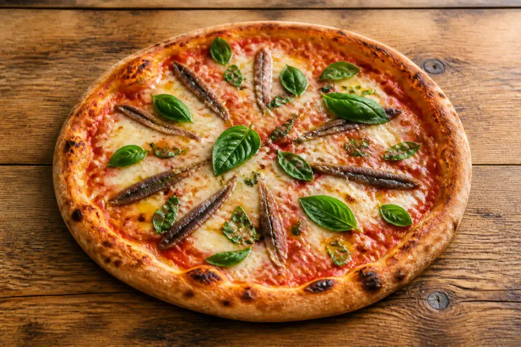 Pizza aux anchois fraichement preparee