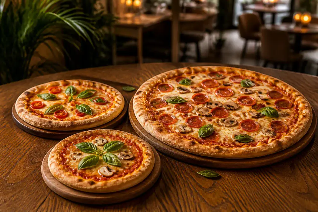 Trio de pizzas gourmandes sur table en bois