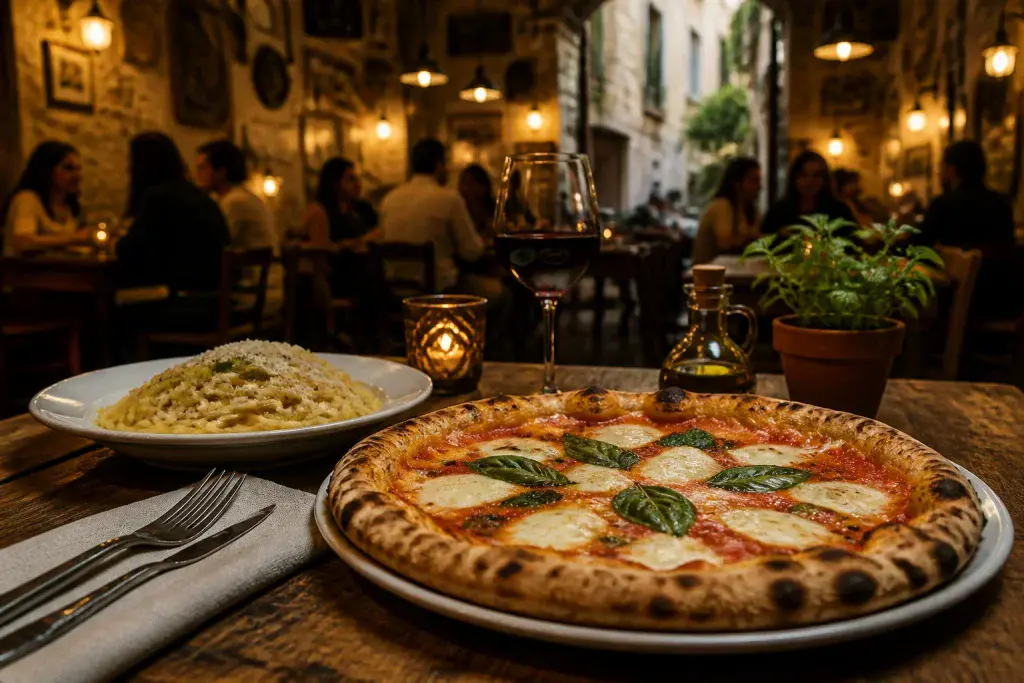 Pizza et pates italiennes dans une trattoria chaleureuse