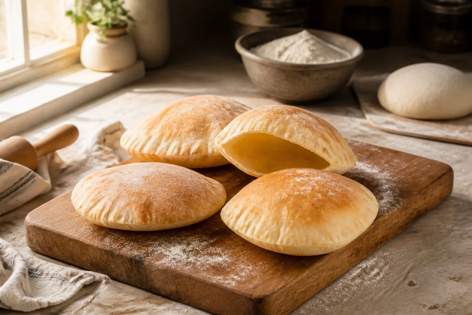 Pains pita dores et gonfles sur planche en bois