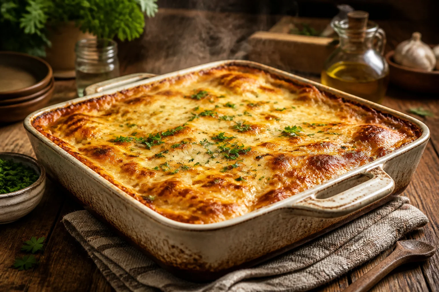 Lasagne au poulet doree et fumante