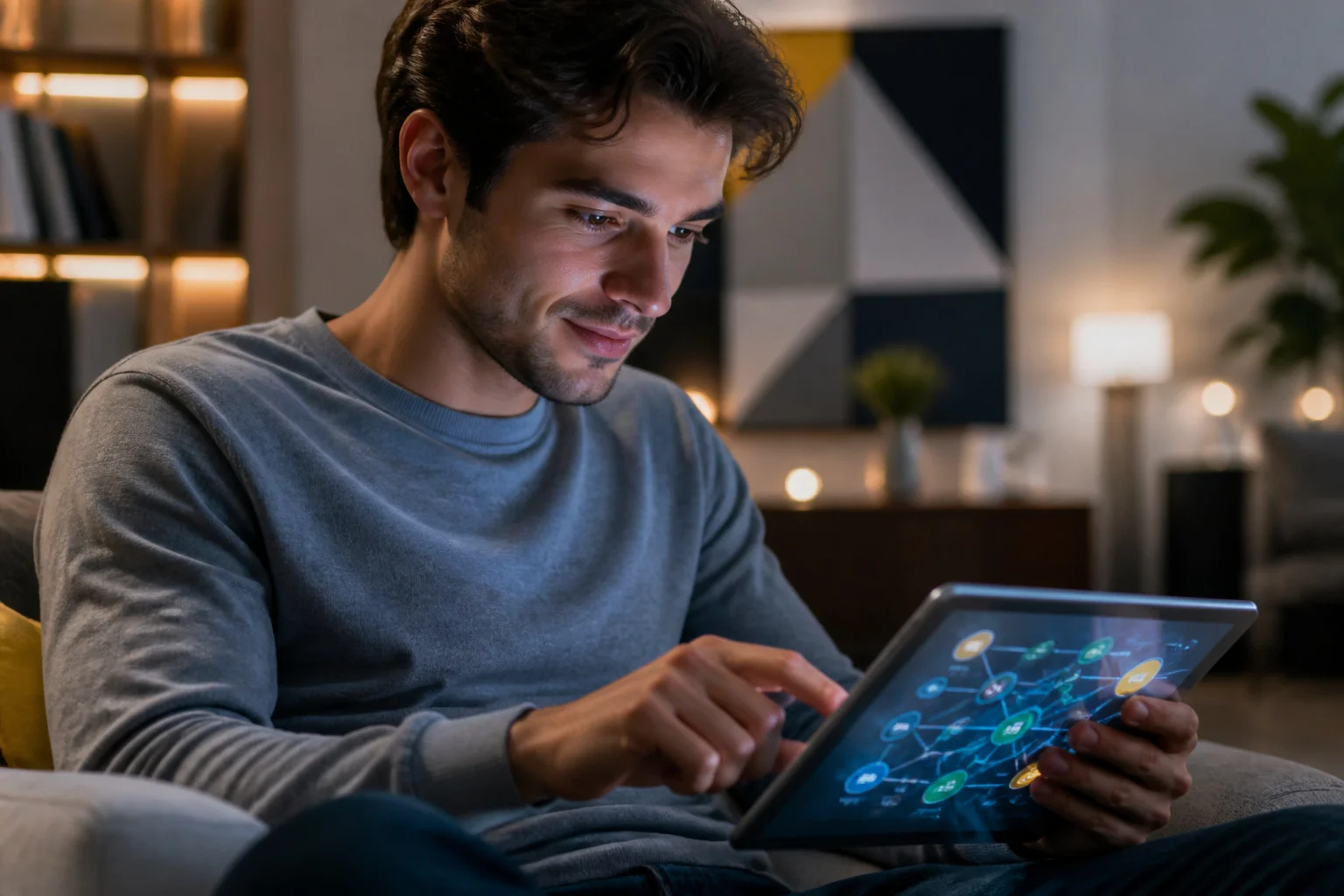 Jeune adulte decouvrant le savoir sur tablette
