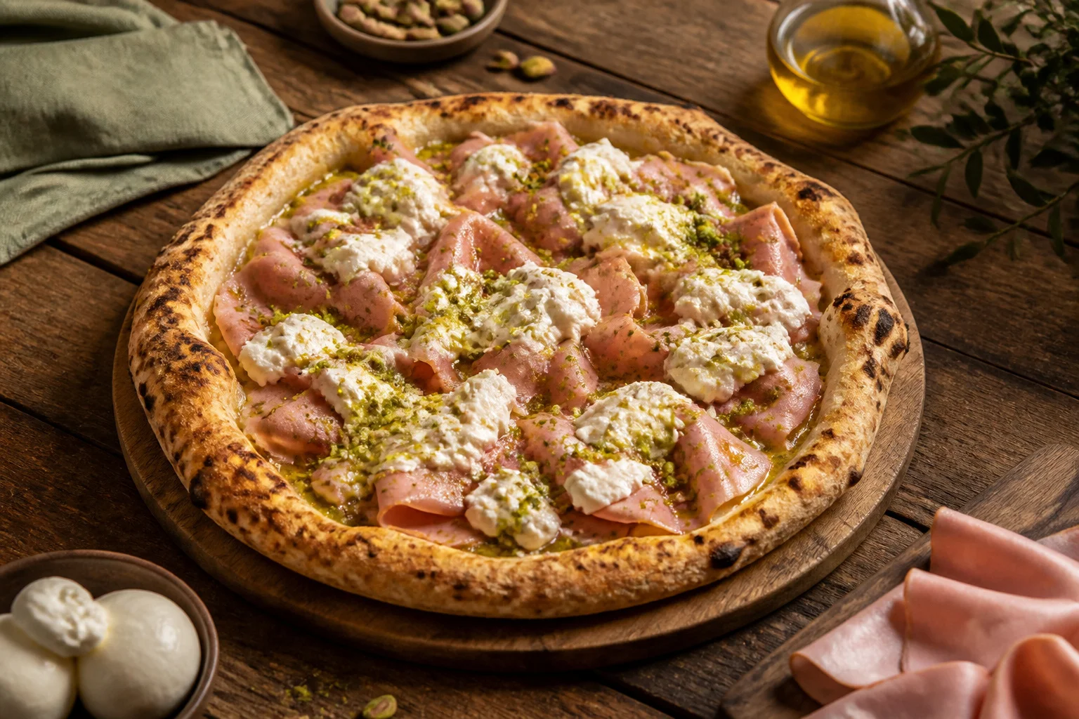 Pizza mortadelle burrata et pesto pistache