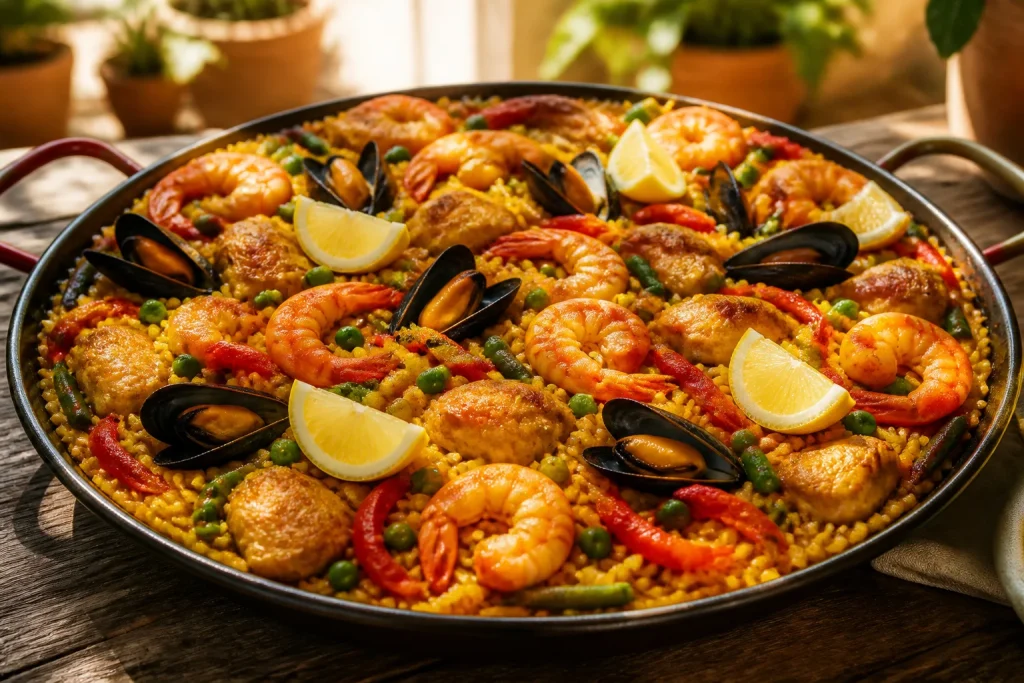 Paella aux fruits de mer et poulet plat espagnol