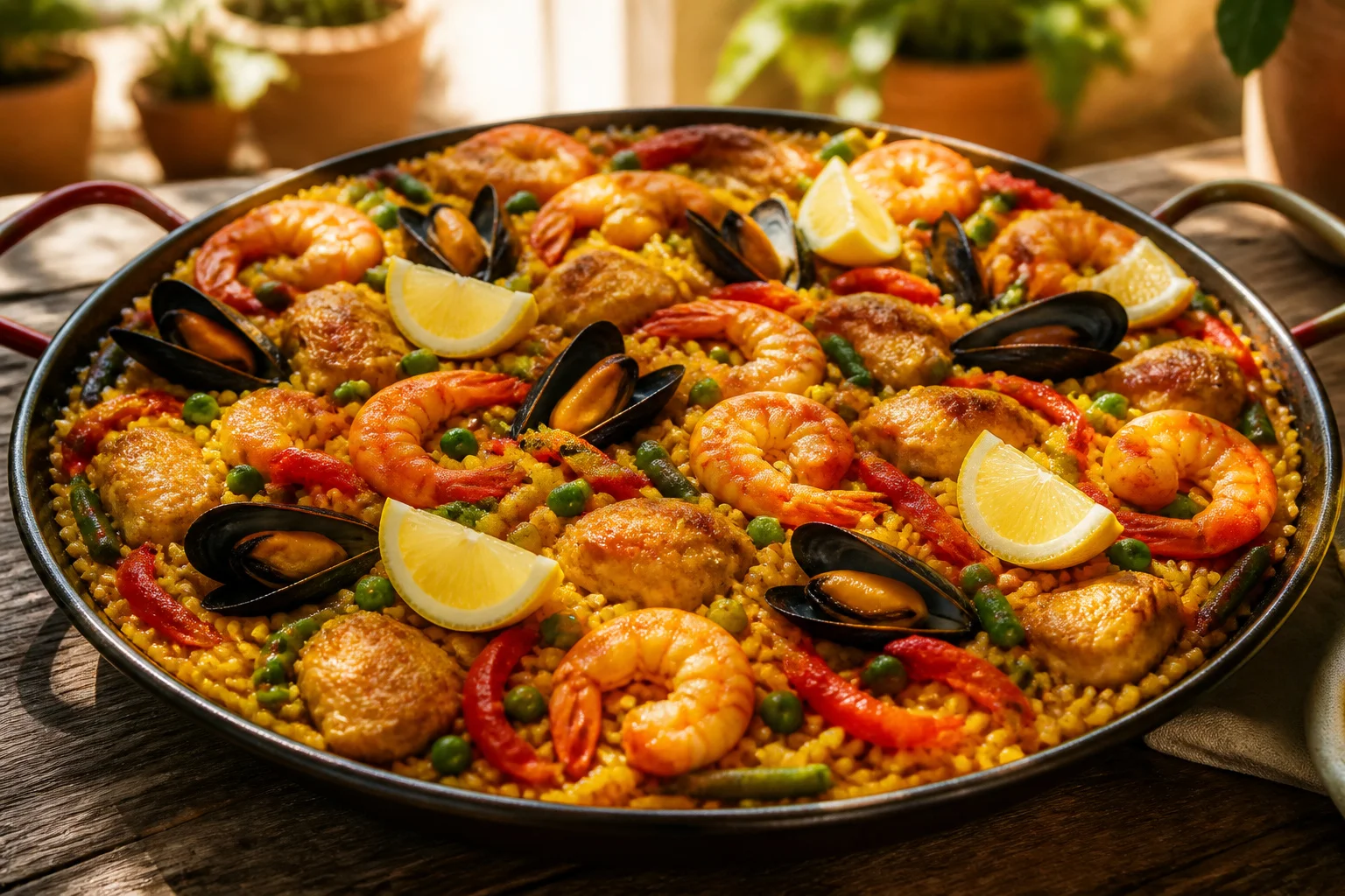Paella aux fruits de mer et poulet plat espagnol