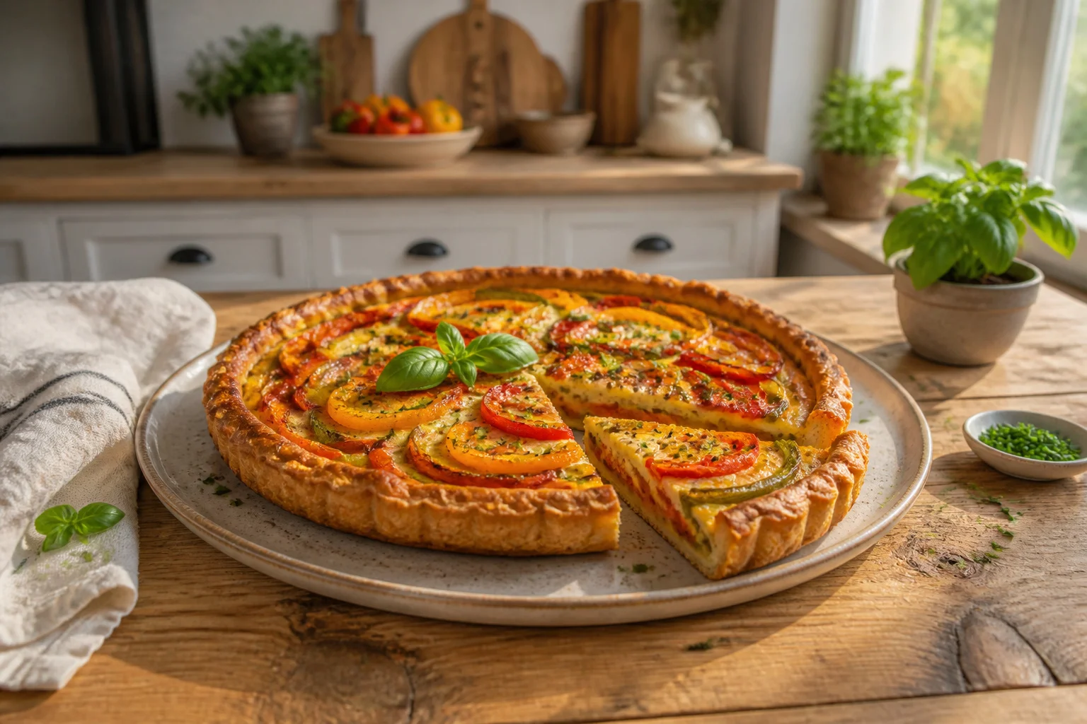 Tarte aux poivrons appetissante sur table rustique