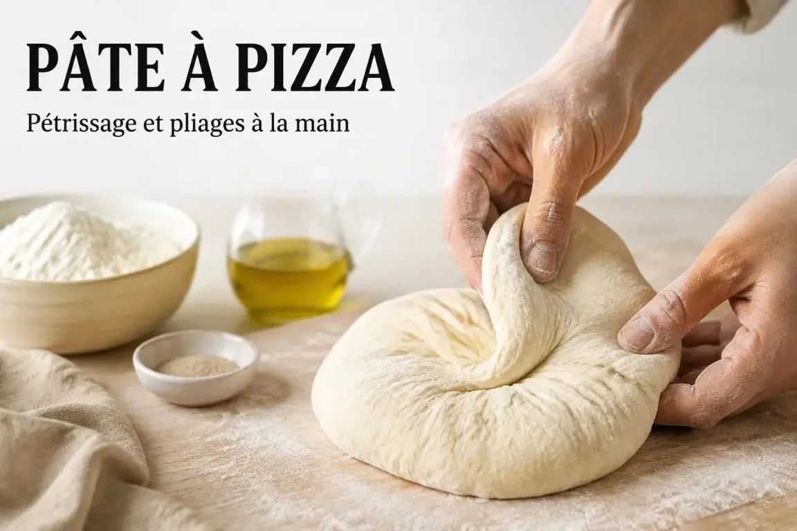 Ricetta pizza, pâte en cours de pétrissage avec pliage à la main sur plan de travail